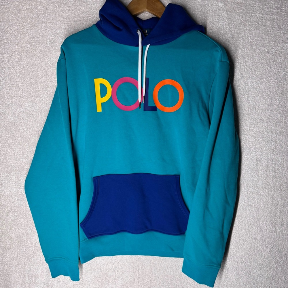 Polo Ralph Lauren Men's Large Teal Blue Multicolor Big Logo Pullover Hoodie